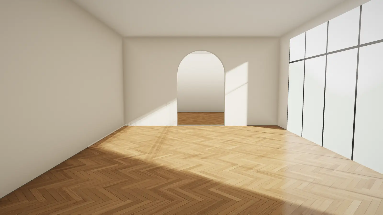 Room with a natural oak herringbone floor in morning light (illustration)