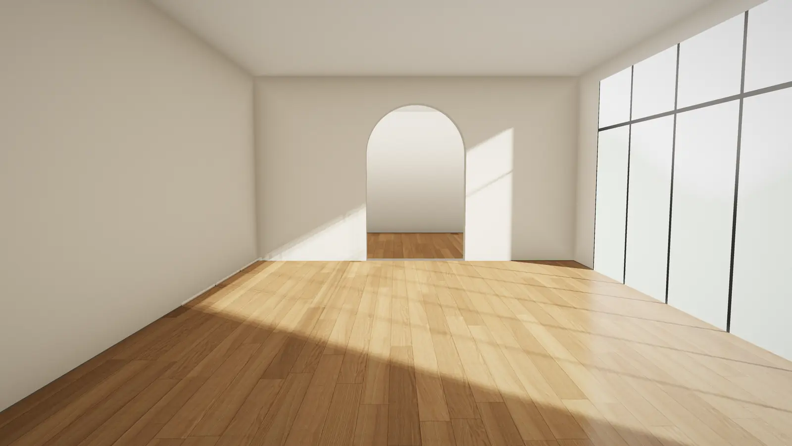 Room with a natural oak wide plank floor in morning light (illustration)