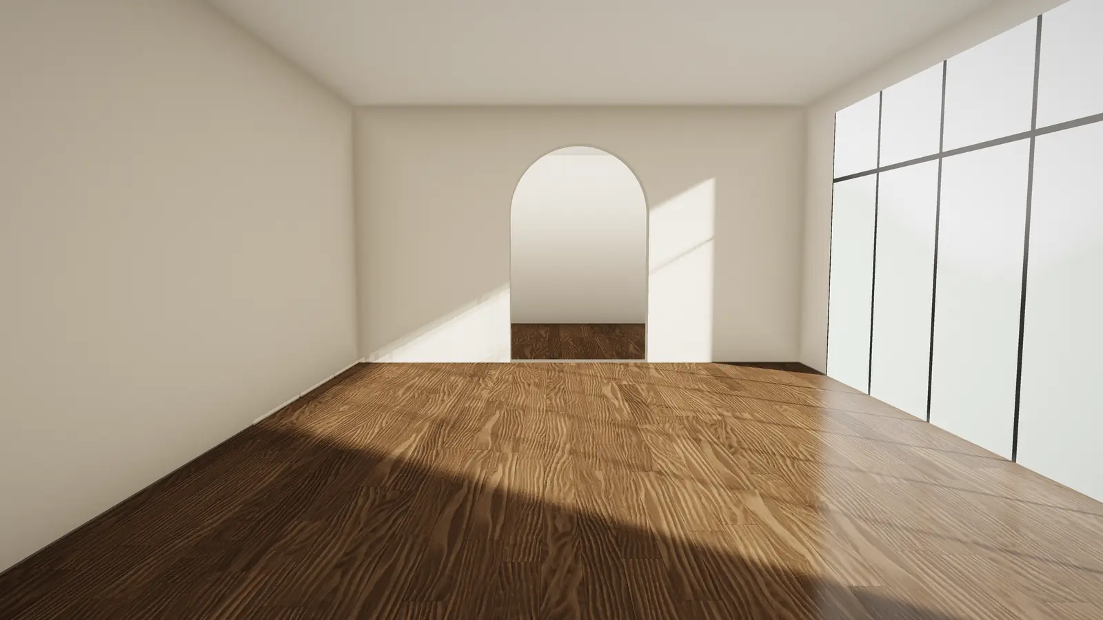 Room with a smoked oak wide plank floor in morning light (illustration)