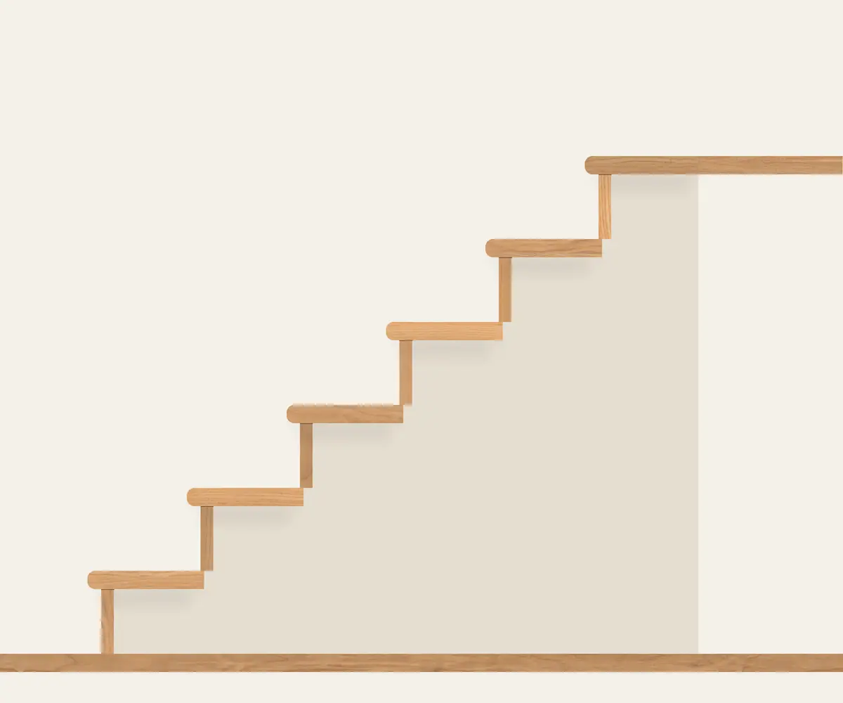 Section through an oak staircase: treads with rounded nosings over matching risers (illustration)
